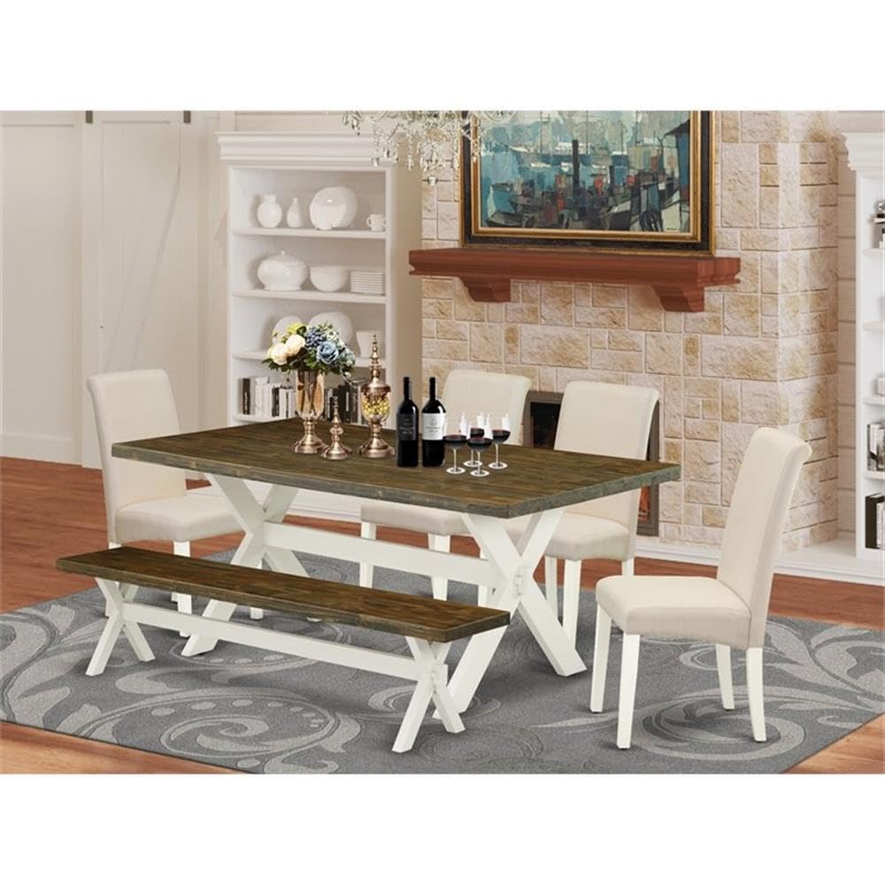East West Furniture X077Ba201-6 6 Piece Dining Room Set Contains A Rectangle Dining Table With X-Legs And 4 Cream Linen Fabric Parson Chairs With A Bench, 40X72 Inch, Multi-Color